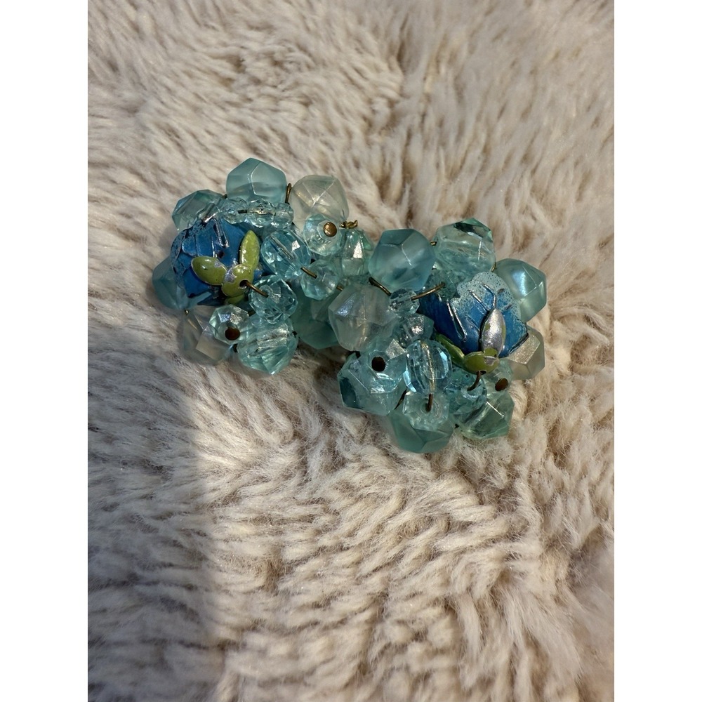 West Germany Earrings Blue Cluster Glass Beaded Clip-On Vintage Circa 1960s